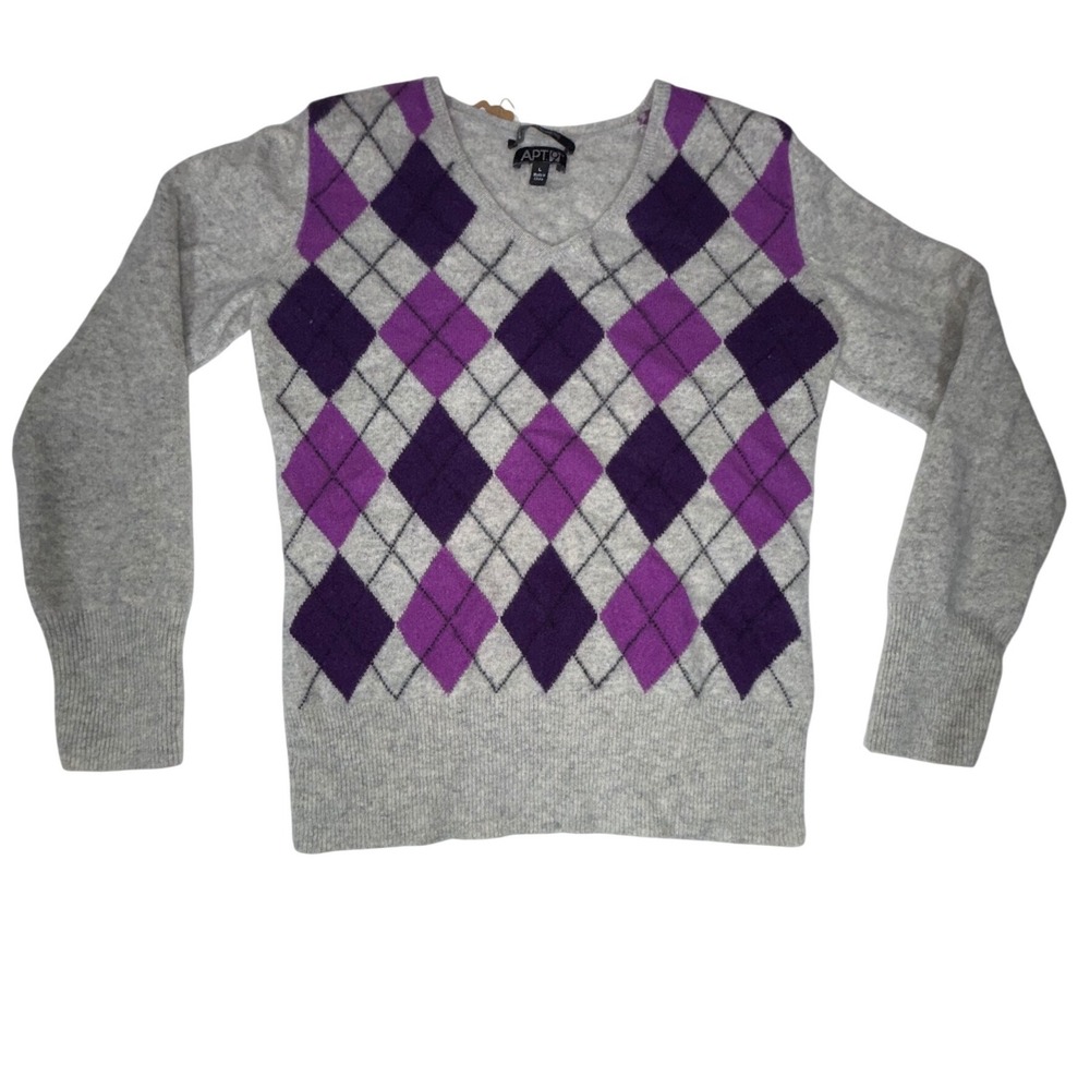 Apt. 9 Argyle V-Neck Sweater Womens Large Gray Purple 100% Cashmere Soft Knit